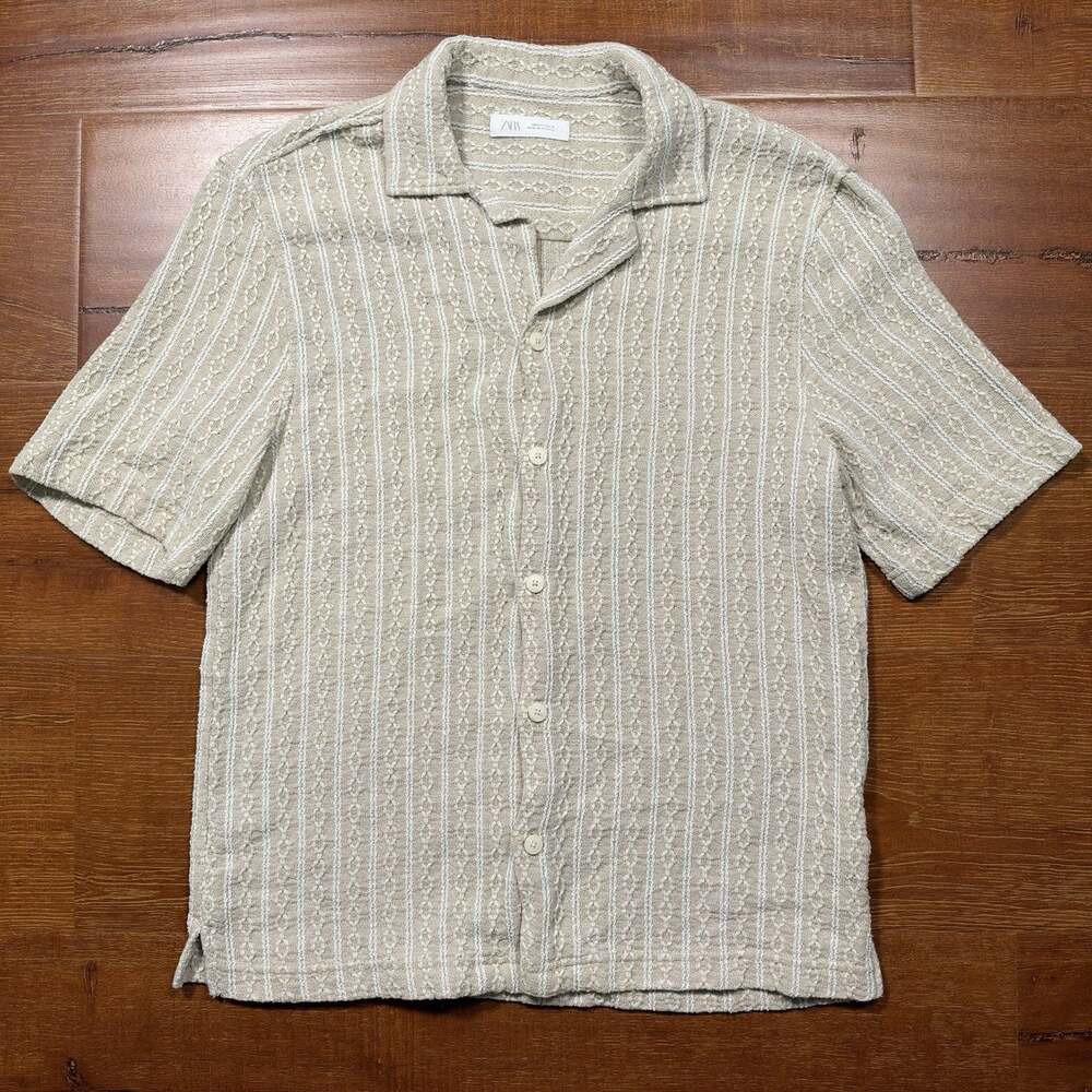 Zara Button Up Shirt Mens S Beige Textured Knit Camp Collar Quiet Luxury Resort